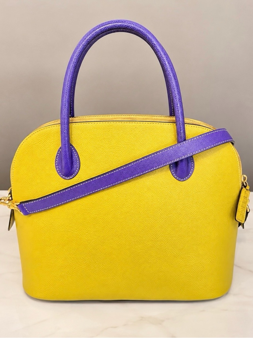 Vtg Celine Bicolor Dome Shell Chartreuse Yellow Purple Handles Crossbody Satchel
